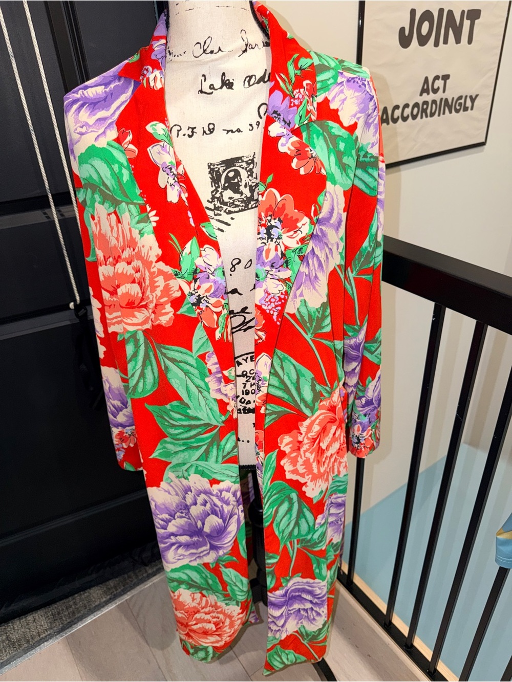 Forever 21 Vibrant Red Floral Long Duster Coat size S